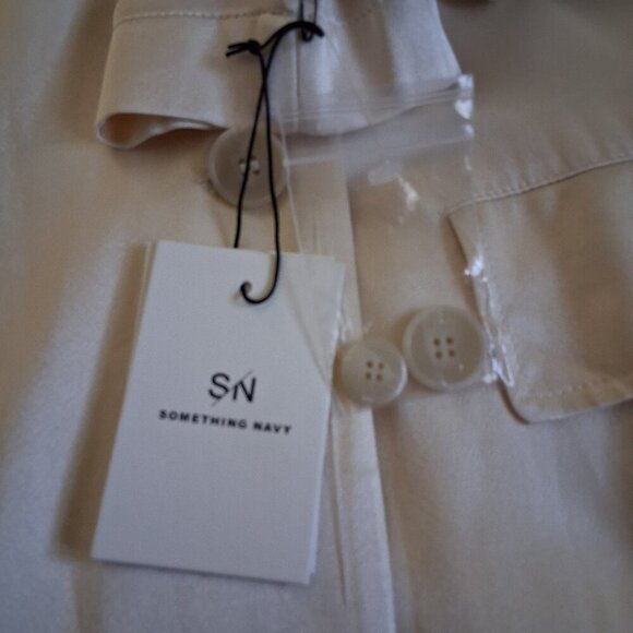 Something Navy NWT Women's S Ivory Grand Lapel Satin Long Trench Coat *FLAWS* - Picture 8 of 16